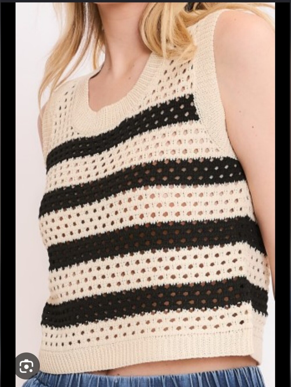 Sweet Generis Sleeveless Striped Crochet Knit Tank Top - Black & Cream Size Lg